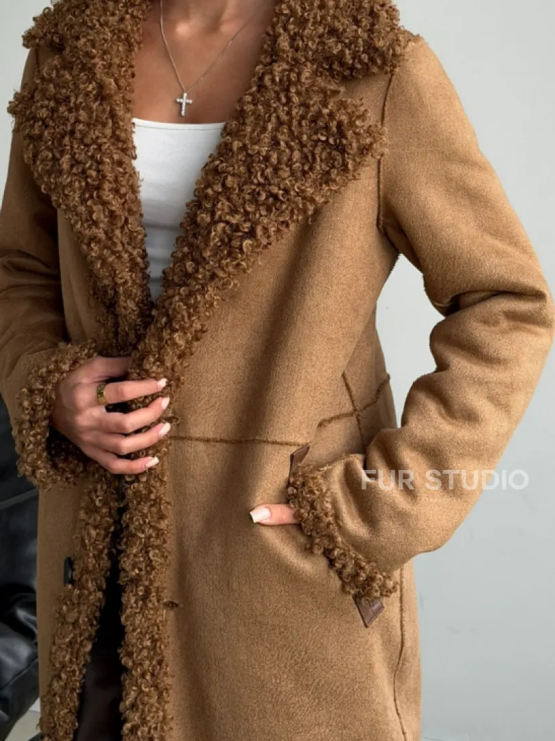 Коричневая двухсторонняя дубленка из экомеха - фото 2