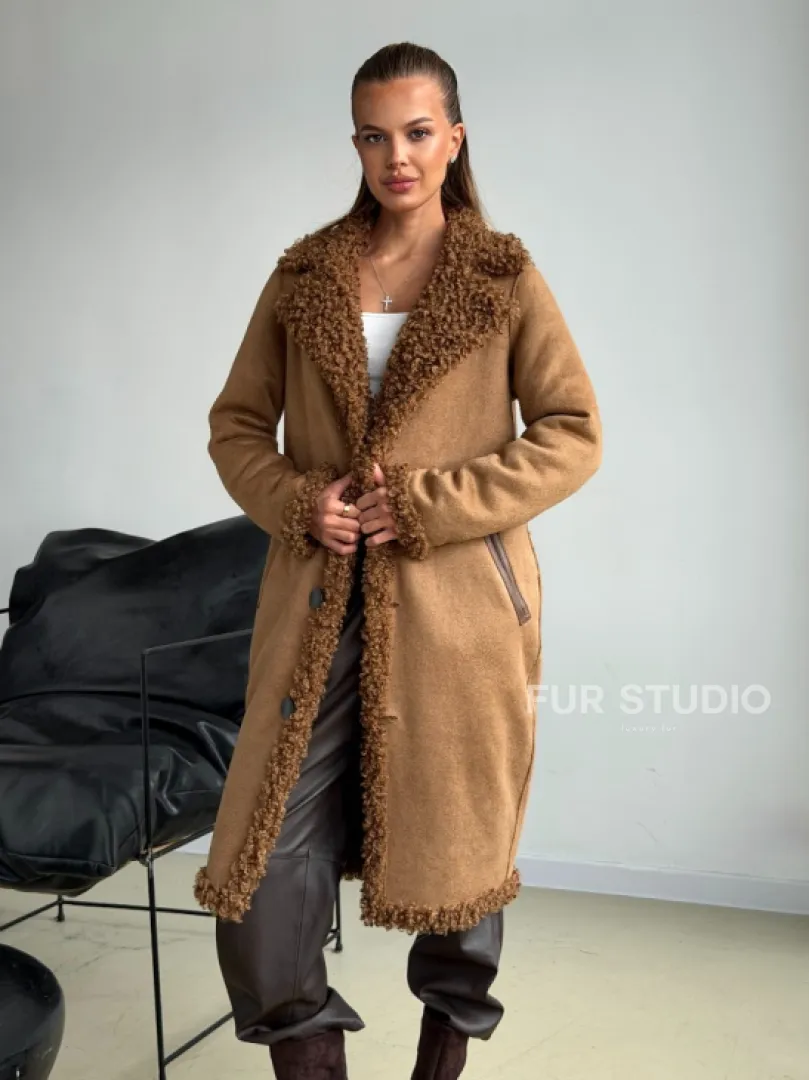 Коричневая двухсторонняя дубленка из экомеха