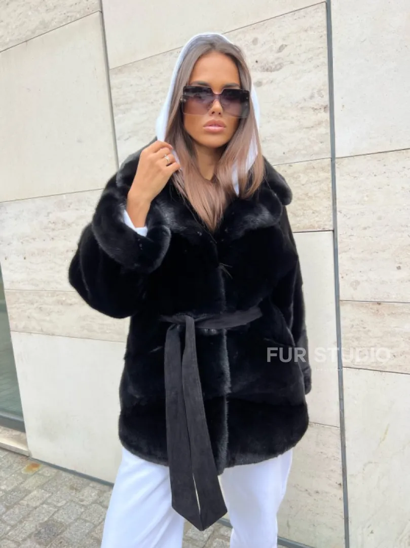 Черная короткая шуба из плюшевой норки Velvet с английским воротником - фото 2