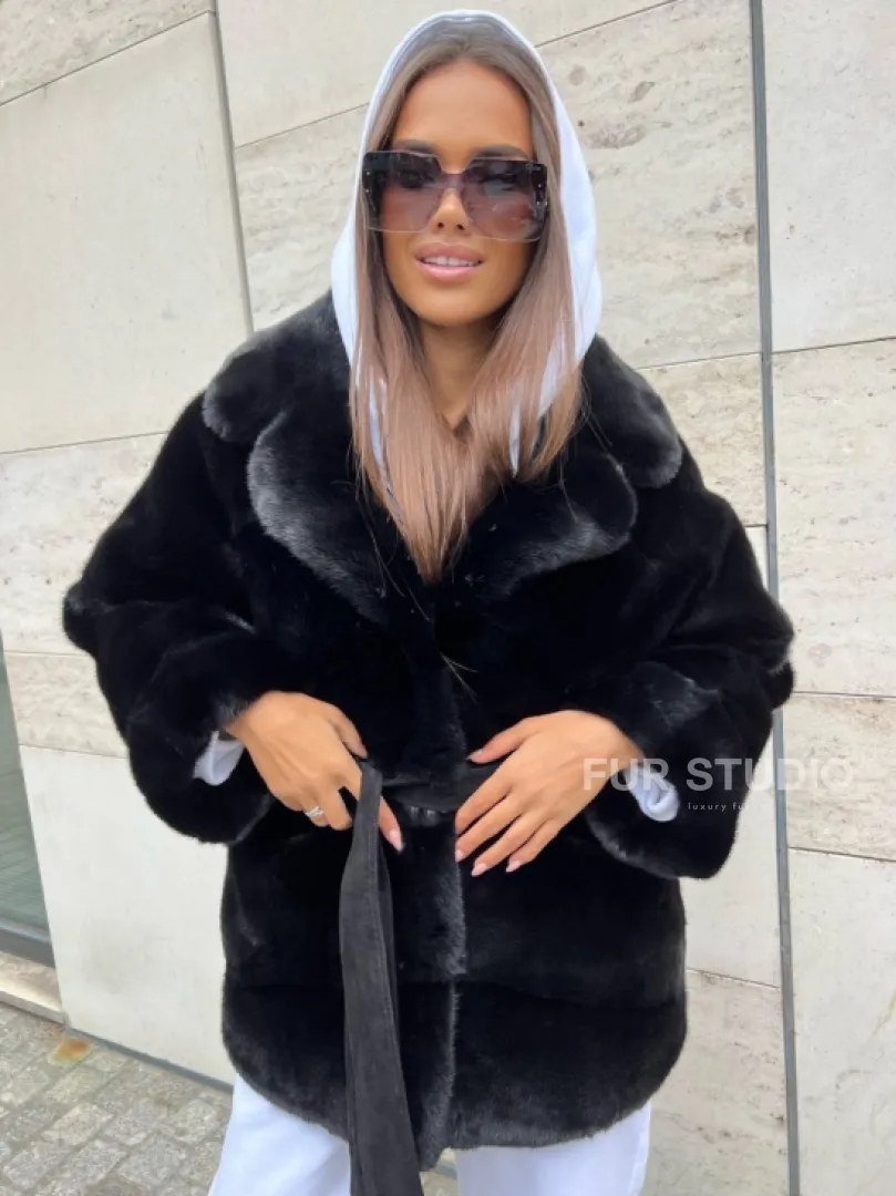 Черная короткая шуба из плюшевой норки Velvet с английским воротником - фото 1