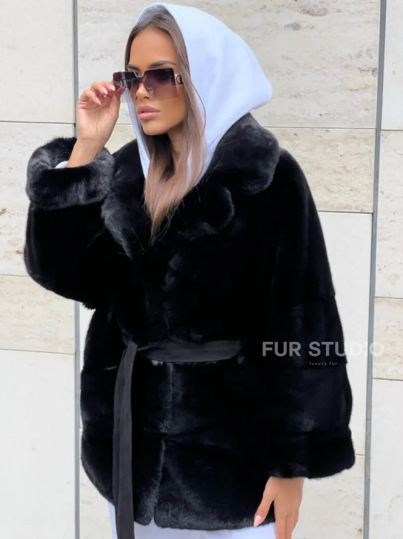 Черная короткая шуба из плюшевой норки Velvet с английским воротником - фото 0
