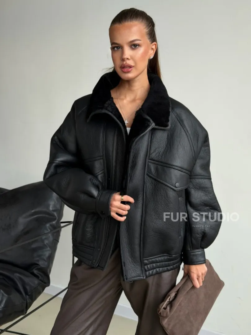 Черная натуральная дубленка из овчины - фото 0