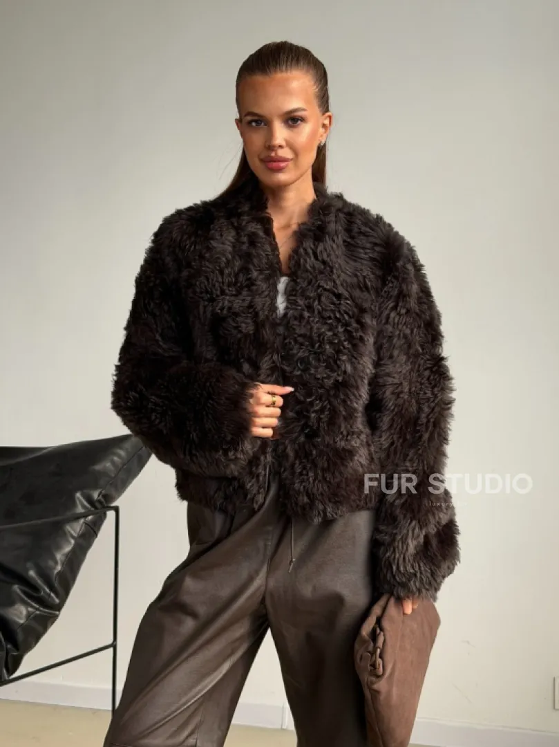 Дубленка кроп-топ из овчины калган - фото 6