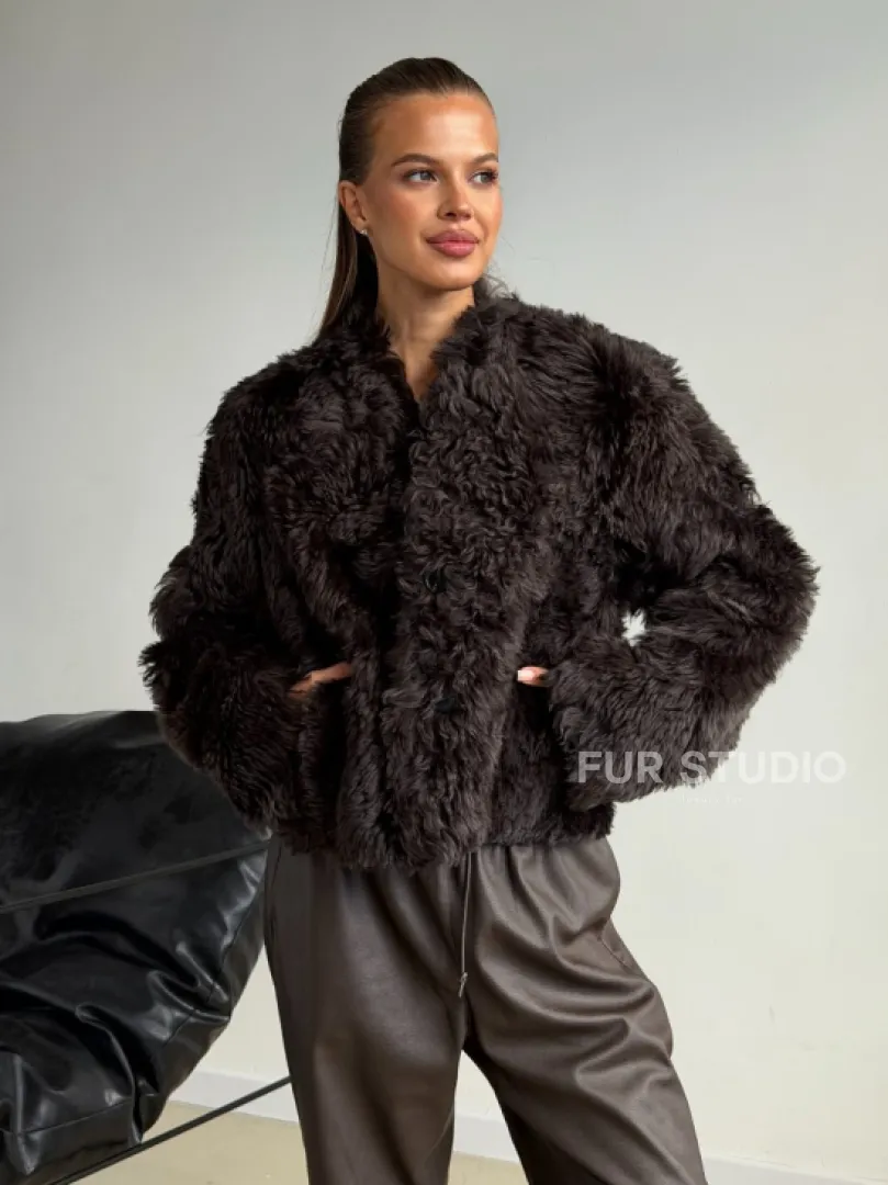 Дубленка кроп-топ из овчины калган - фото 0