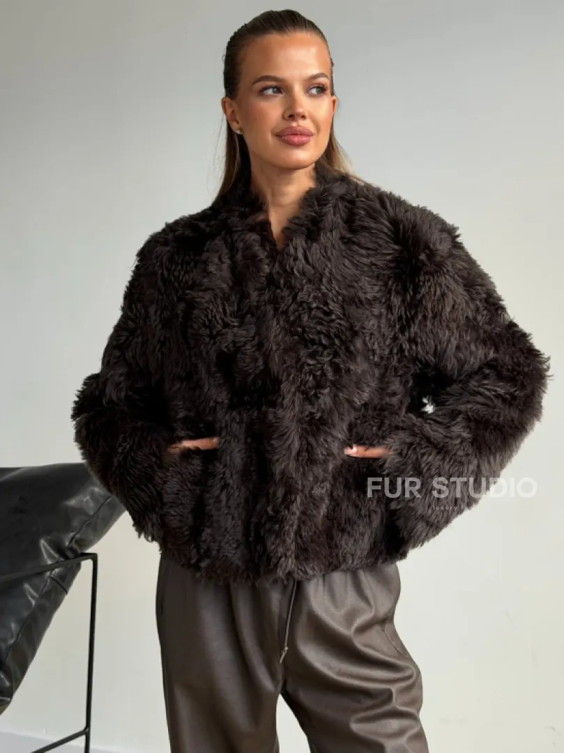 Дубленка кроп-топ из овчины калган - фото 3