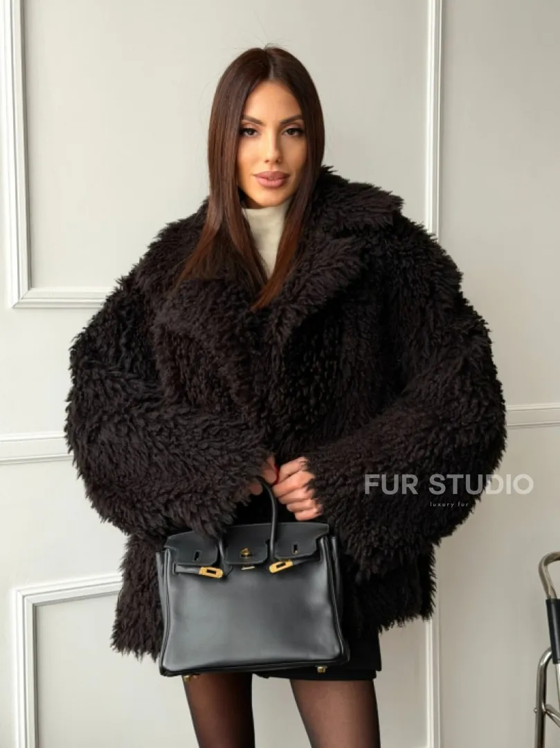 Коричневая дубленка из меха Тиградо