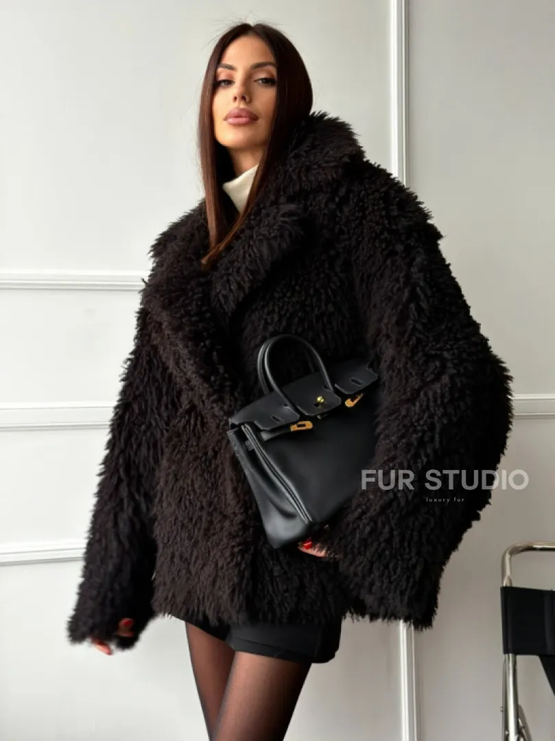 Коричневая дубленка из меха Тиградо - фото 7