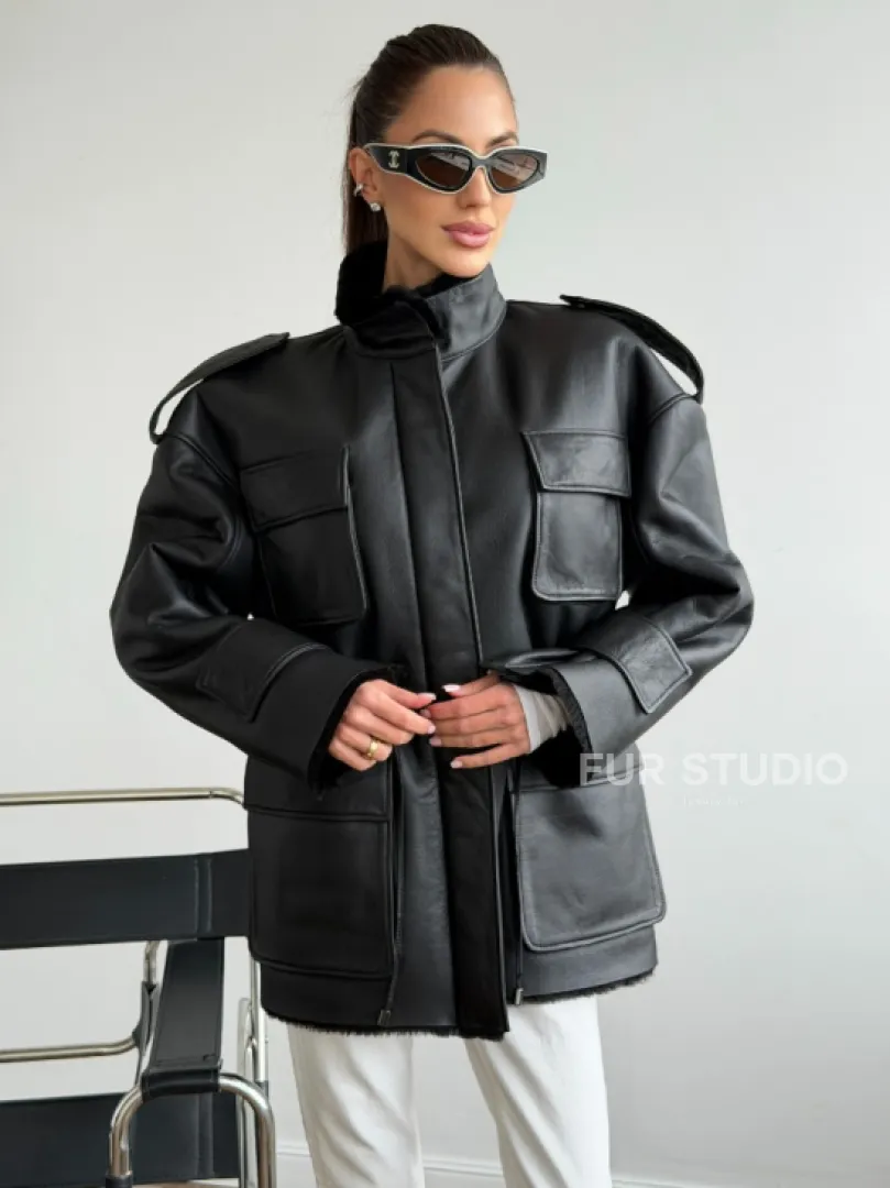 Черная куртка - дубленка из испанского мериноса - фото 0