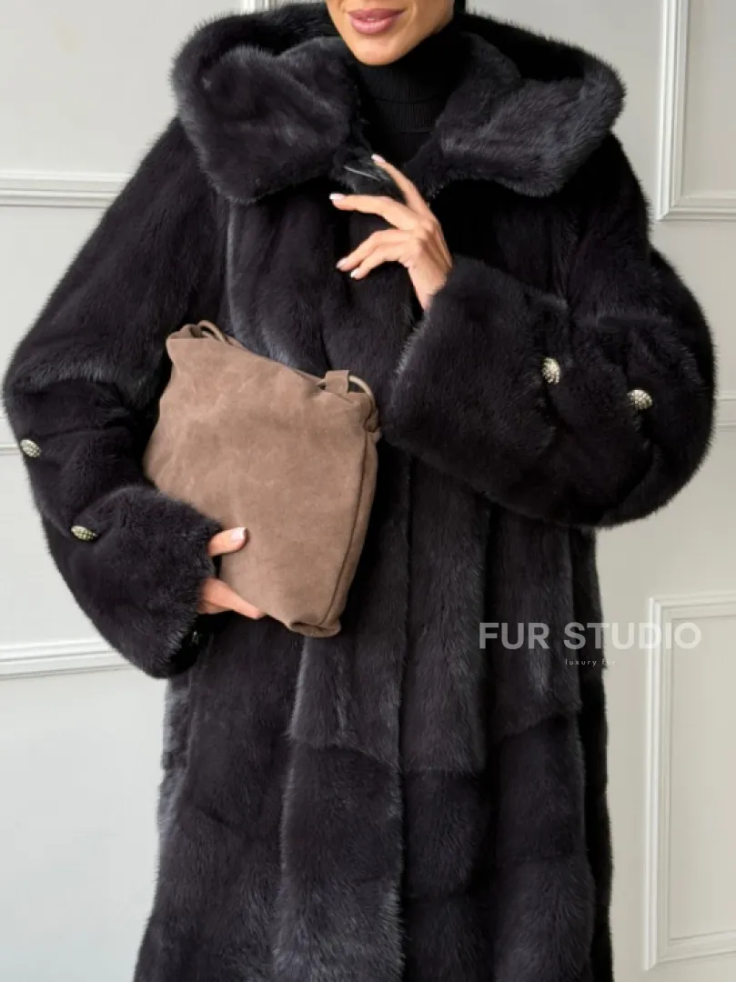 Норковая шуба с капюшоном - графит - фото 2