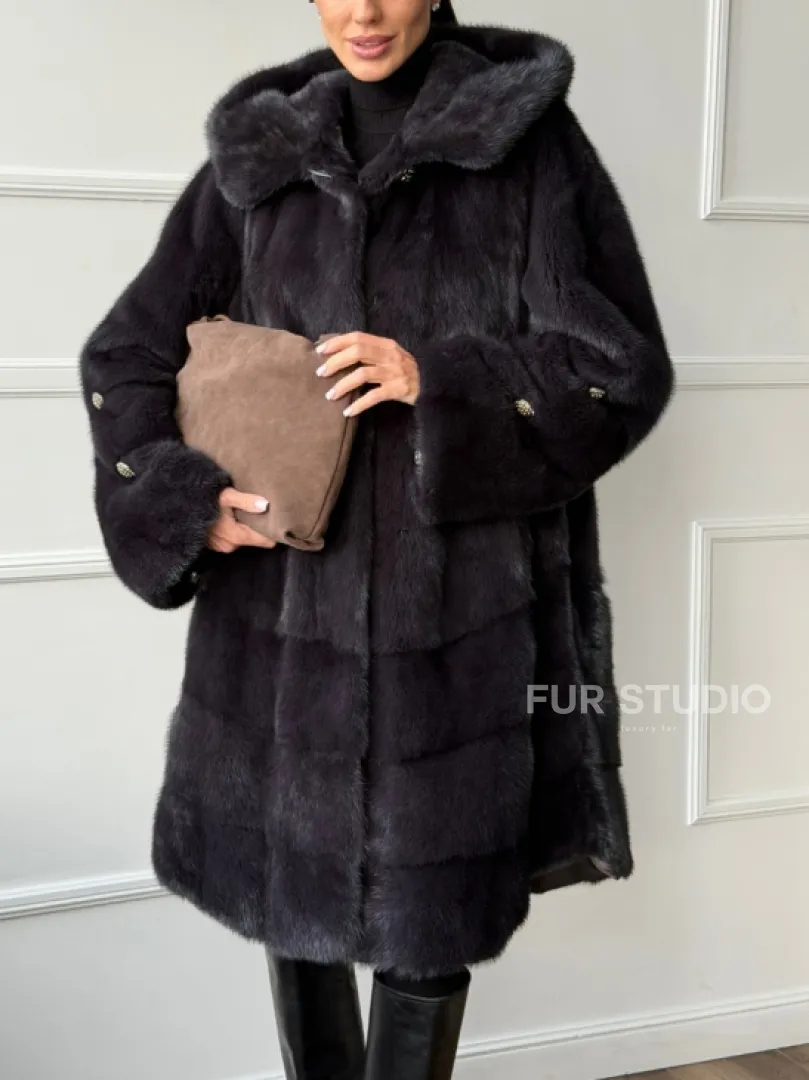 Норковая шуба с капюшоном - графит