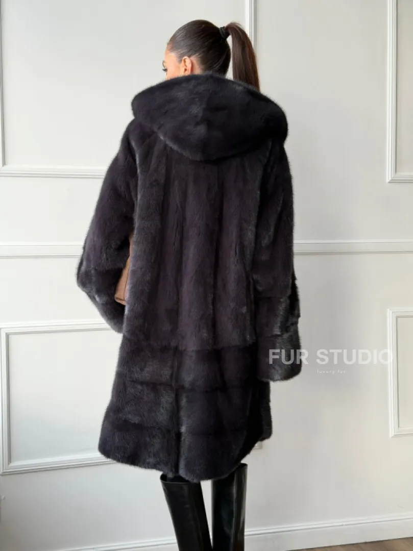 Норковая шуба с капюшоном - графит