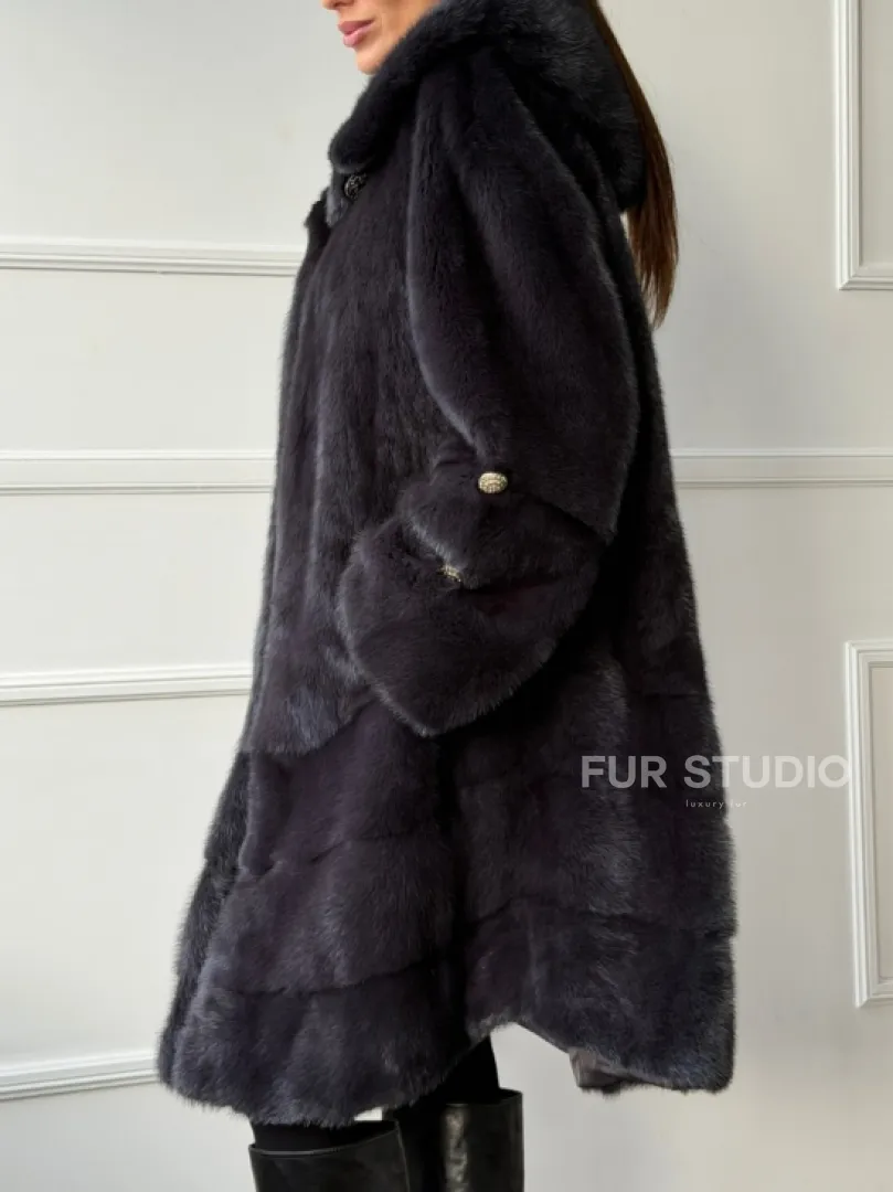 Норковая шуба с капюшоном - графит - фото 4
