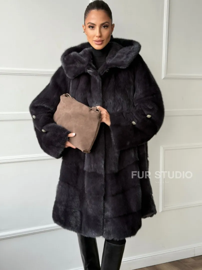 Норковая шуба с капюшоном - графит - фото 6