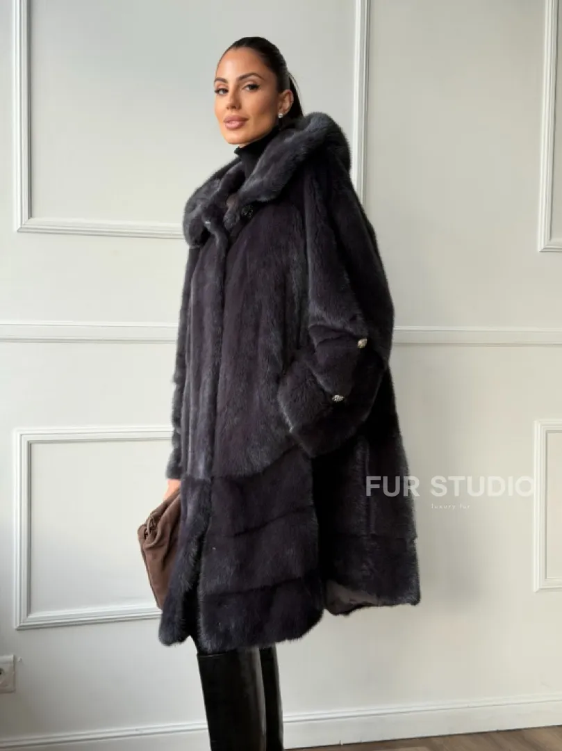 Норковая шуба с капюшоном - графит - фото 10