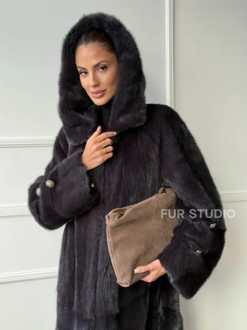 Норковая шуба с капюшоном - графит