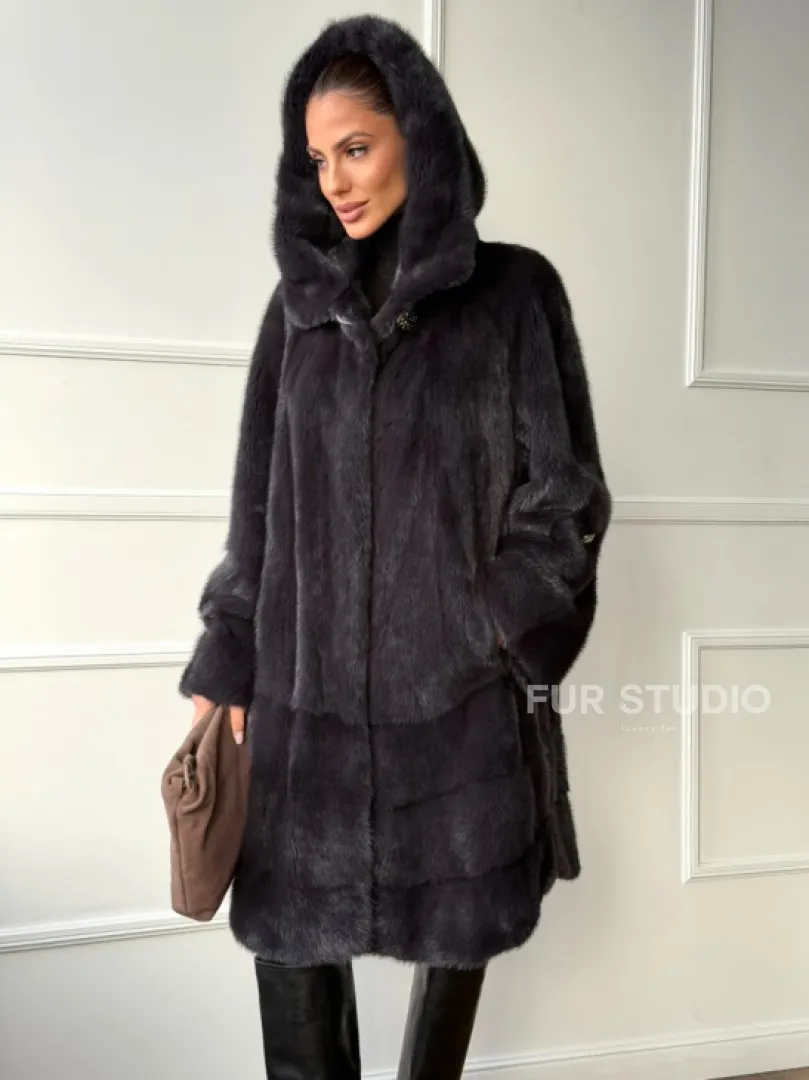 Норковая шуба с капюшоном - графит