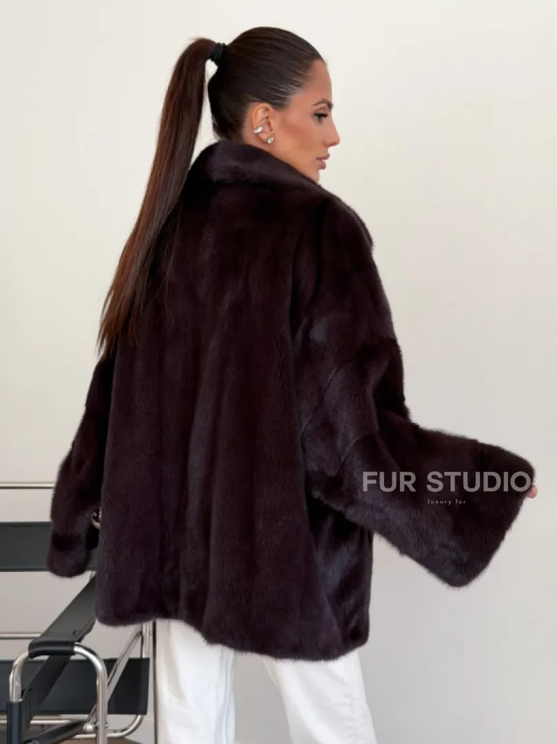 Норковый полушубок - цвет инжир - фото 2