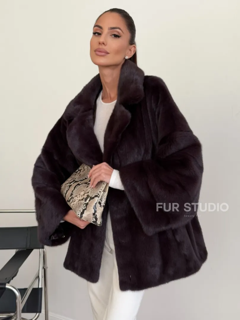 Норковый полушубок - цвет инжир - фото 3