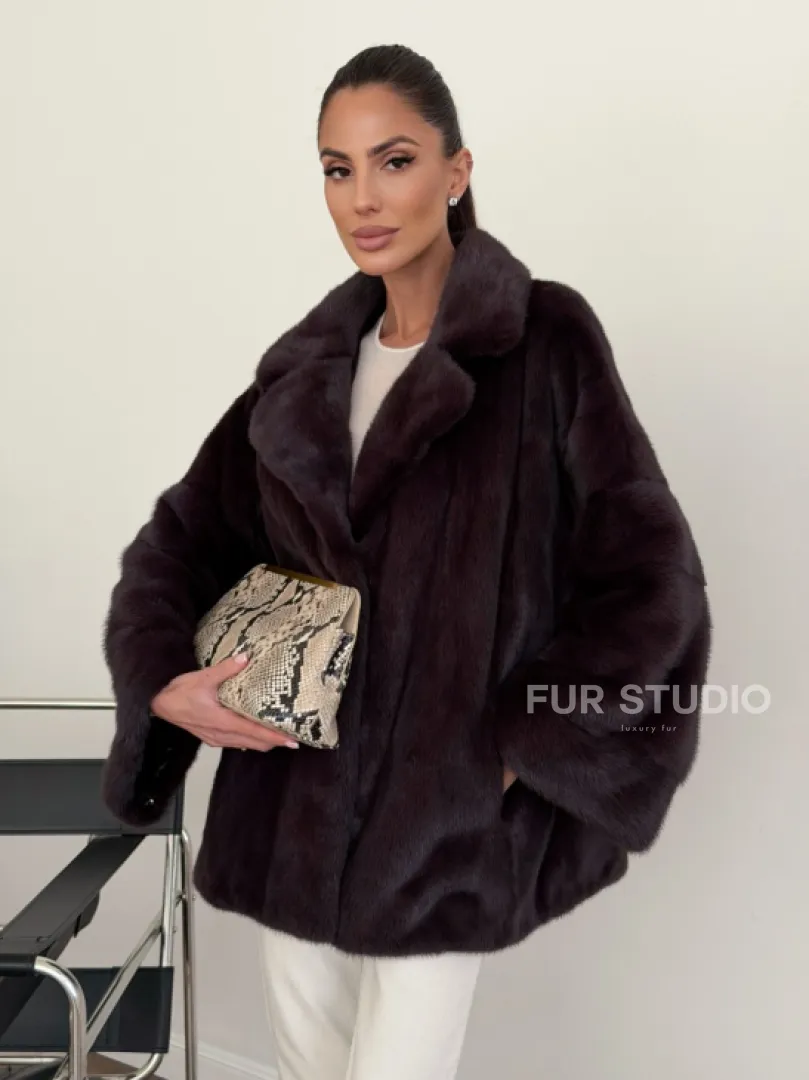 Норковый полушубок - цвет инжир - фото 6