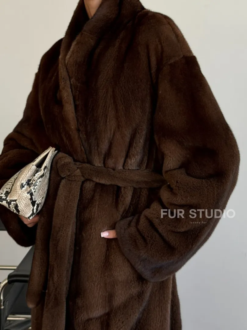 Шуба норковая в роспуск с меховым поясом - фото 1