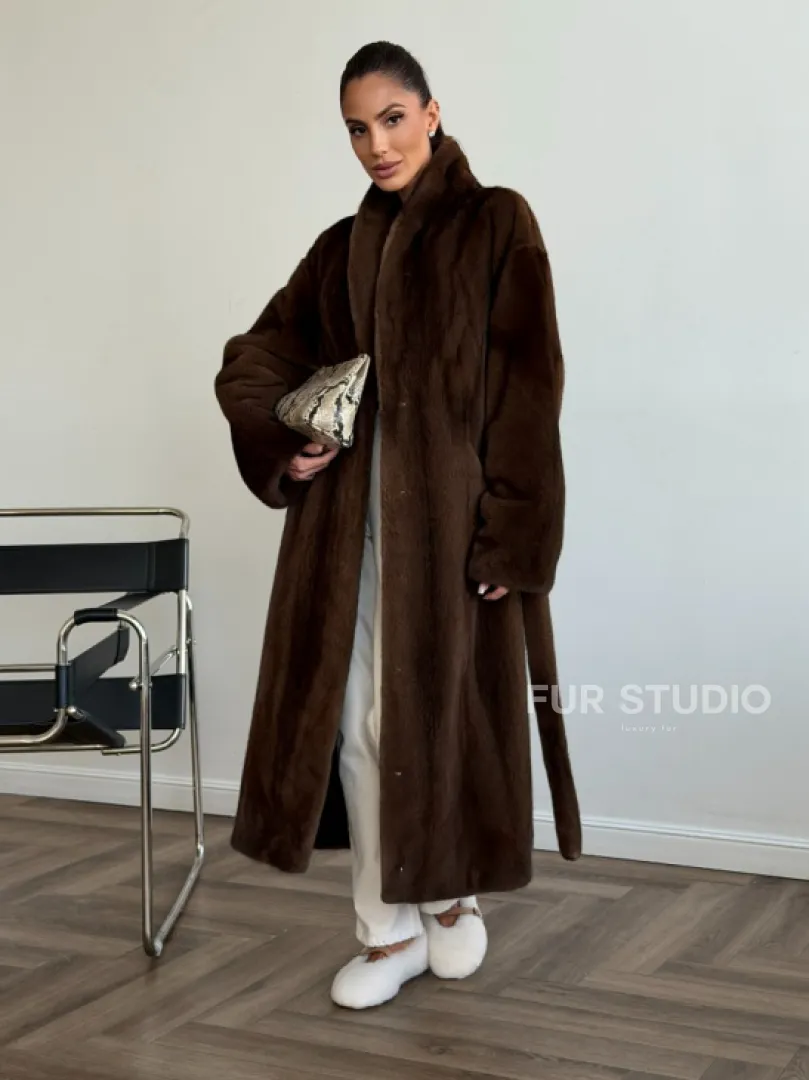 Шуба норковая в роспуск с меховым поясом - фото 5