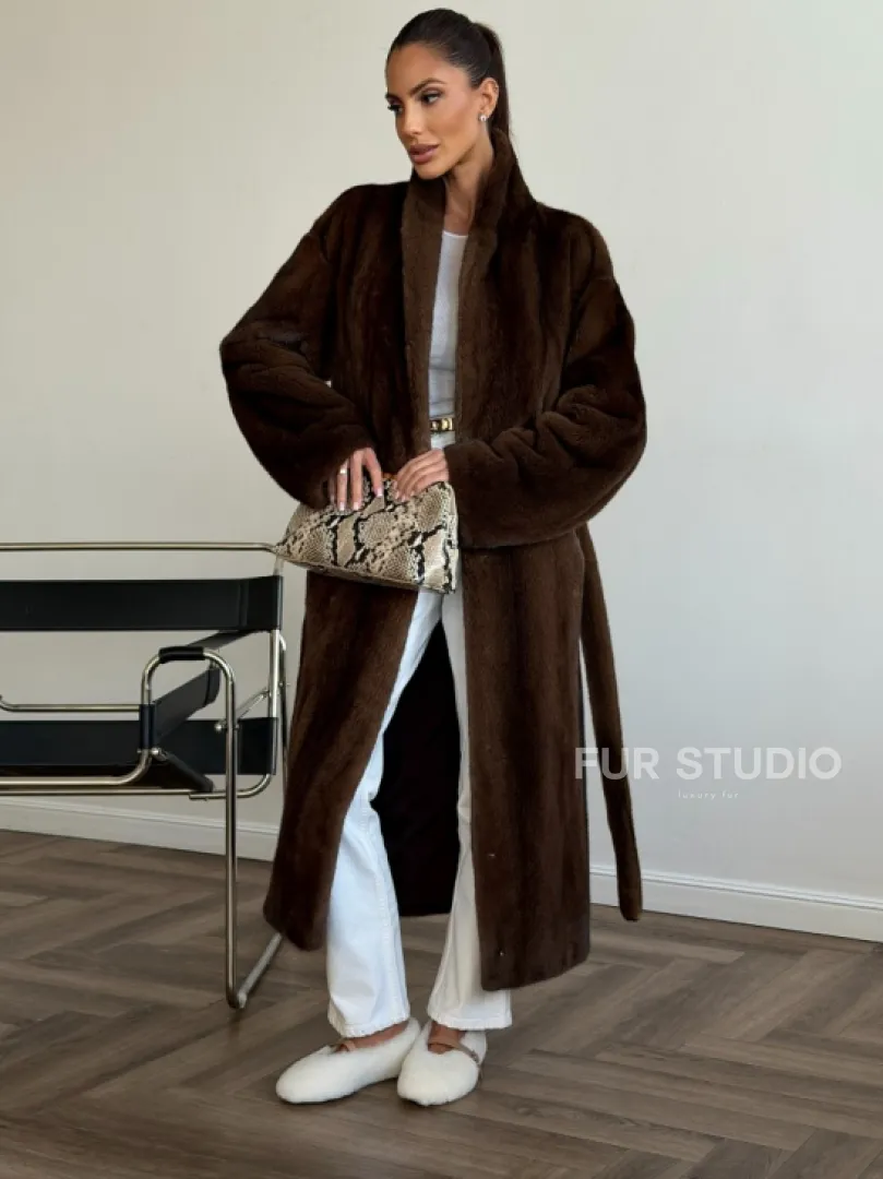 Шуба норковая в роспуск с меховым поясом - фото 2