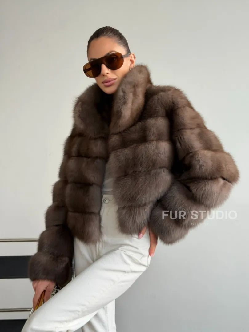 Короткая шуба из куницы - цвет трюфель - фото 11