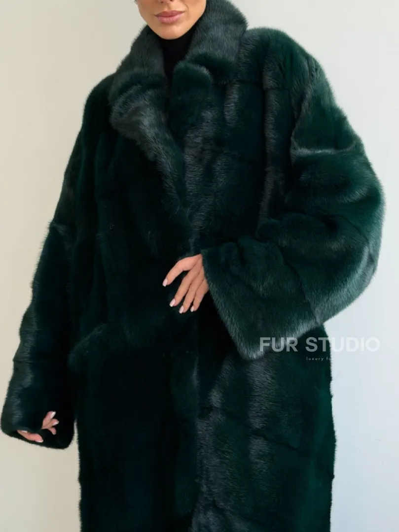 Зеленая норковая шуба - английский воротник - фото 1