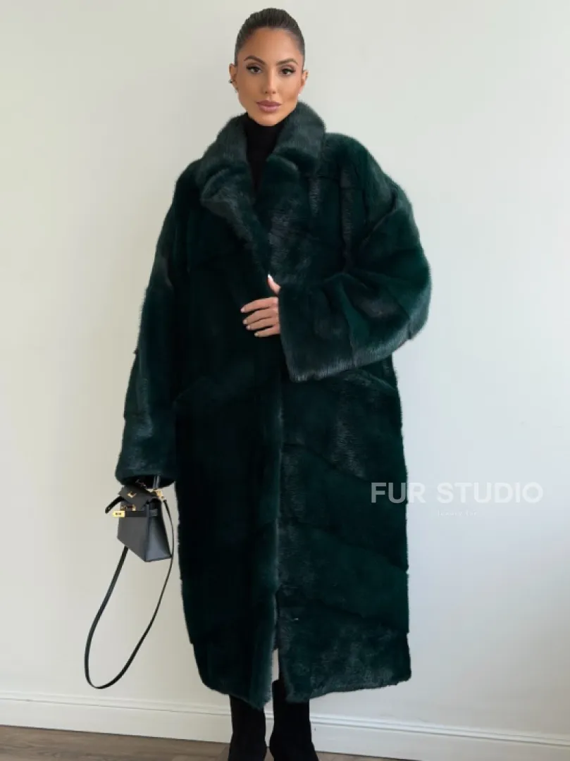 Зеленая норковая шуба - английский воротник