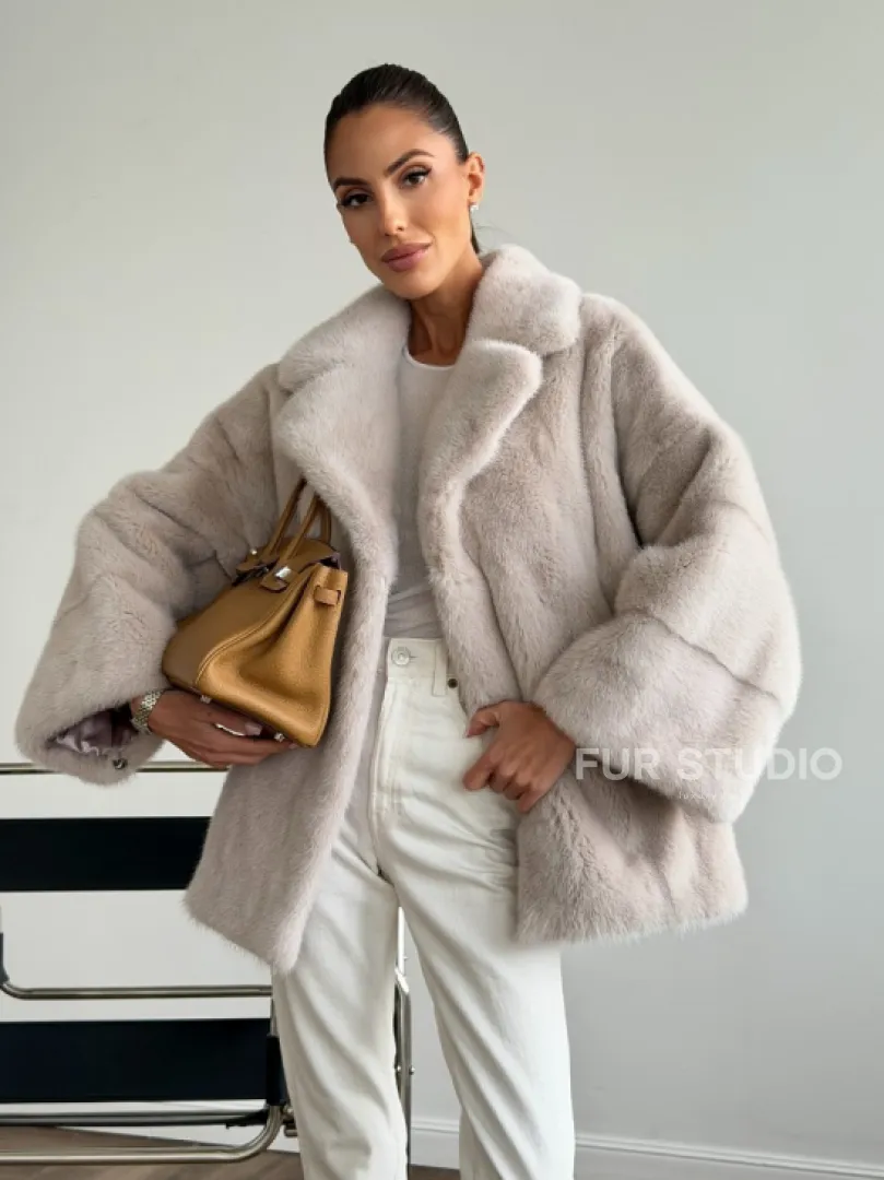 Светлый норковый полушубок - английский воротник - фото 6