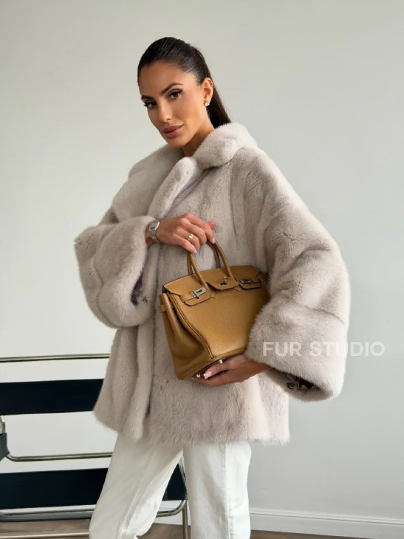 Светлый норковый полушубок - английский воротник - фото 7