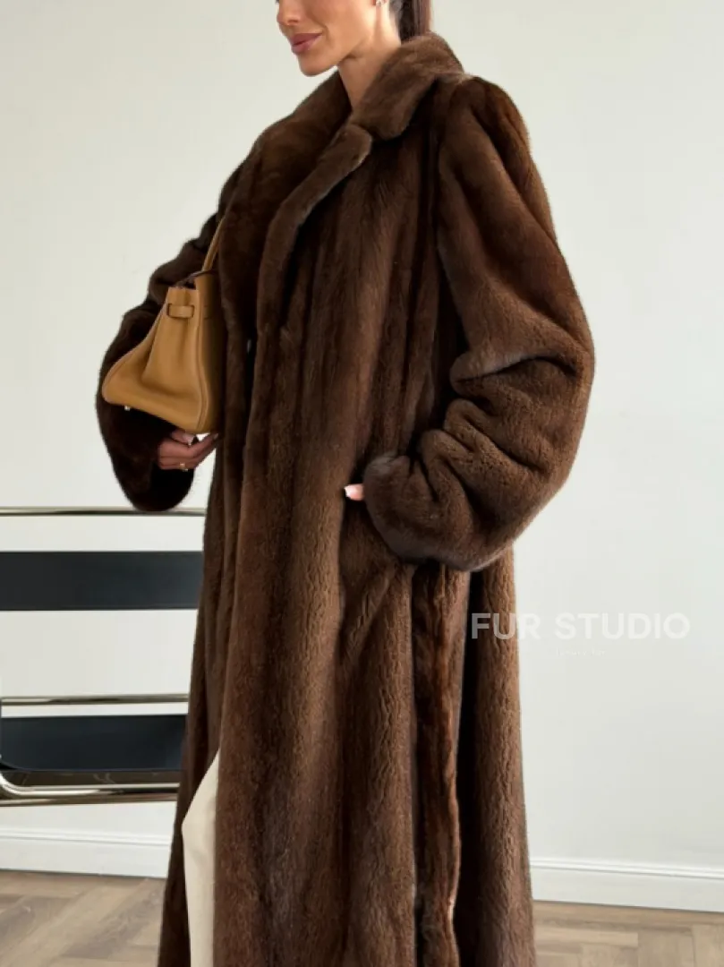 Прямая шуба из норки с поясом - фото 3