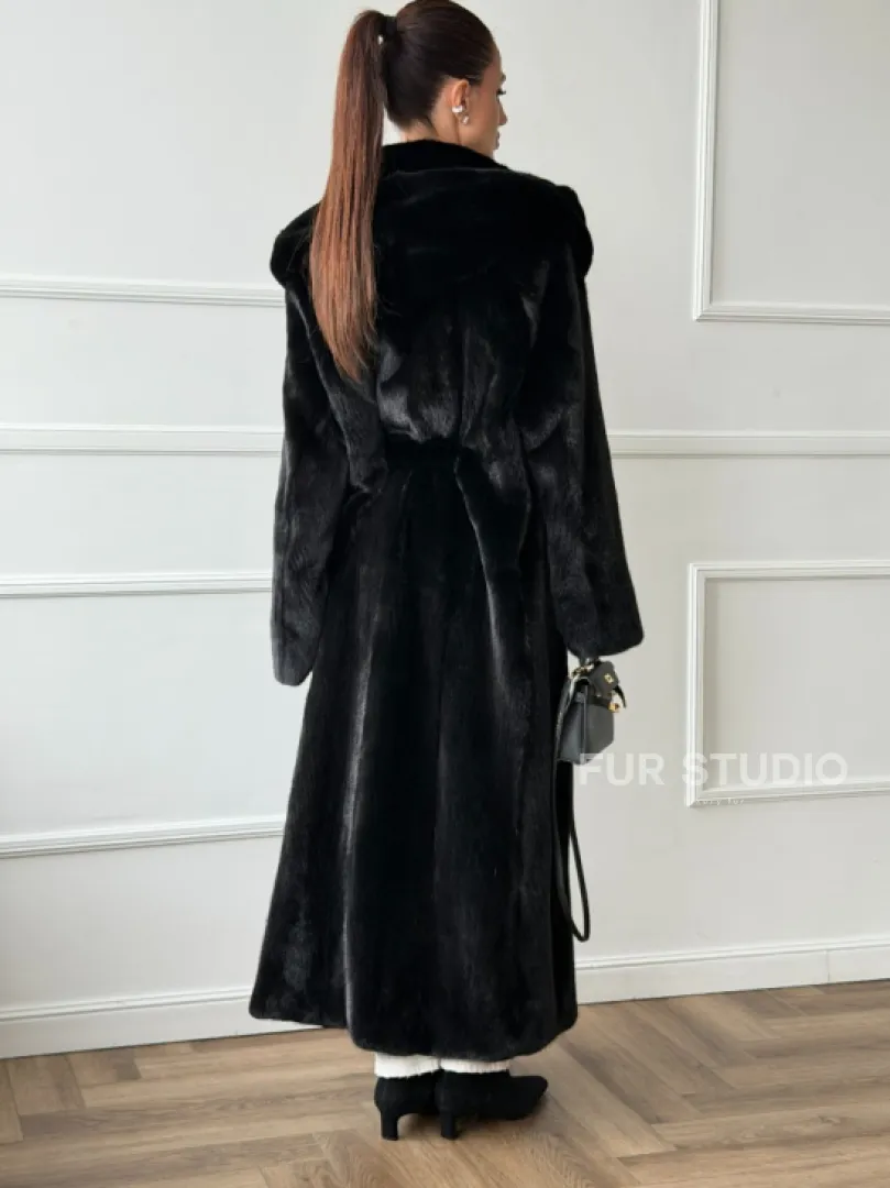 Чёрная норковая шуба модель «кимоно» с капюшоном кобра - фото 3