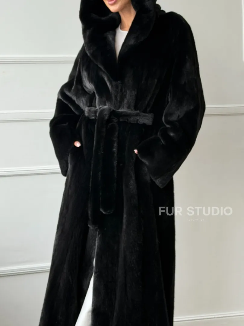 Чёрная норковая шуба модель «кимоно» с капюшоном кобра - фото 1