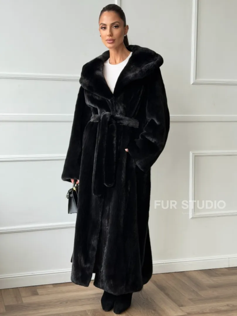 Чёрная норковая шуба модель «кимоно» с капюшоном кобра - фото 0