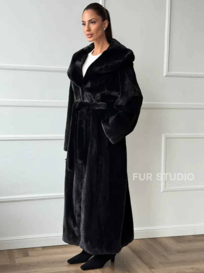 Чёрная норковая шуба модель «кимоно» с капюшоном кобра - фото 4
