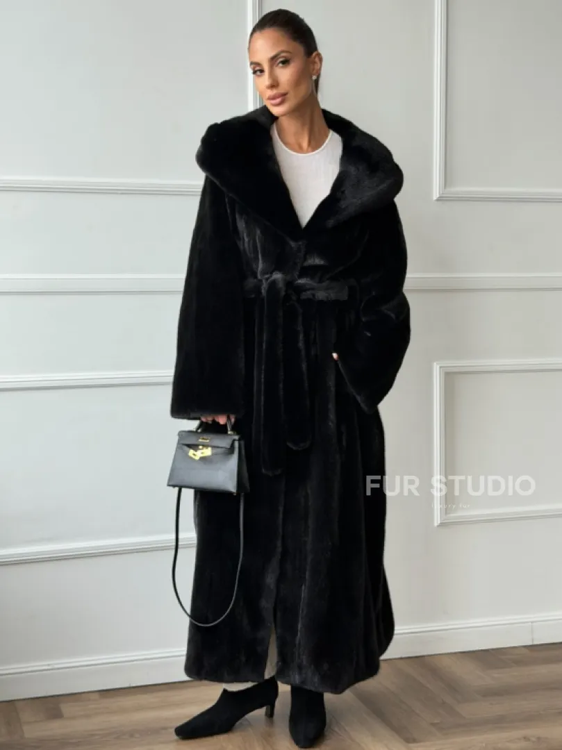 Чёрная норковая шуба модель «кимоно» с капюшоном кобра - фото 6