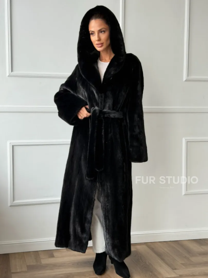 Чёрная норковая шуба модель «кимоно» с капюшоном кобра - фото 8