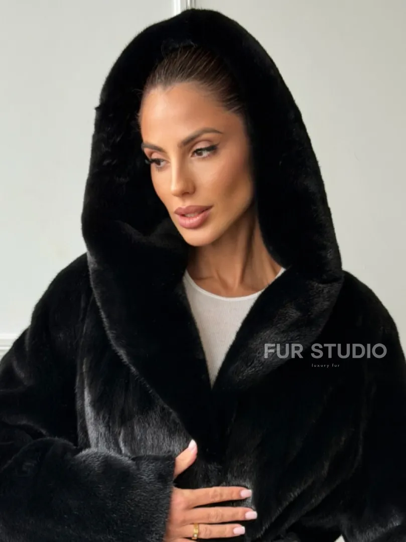 Чёрная норковая шуба модель «кимоно» с капюшоном кобра - фото 5