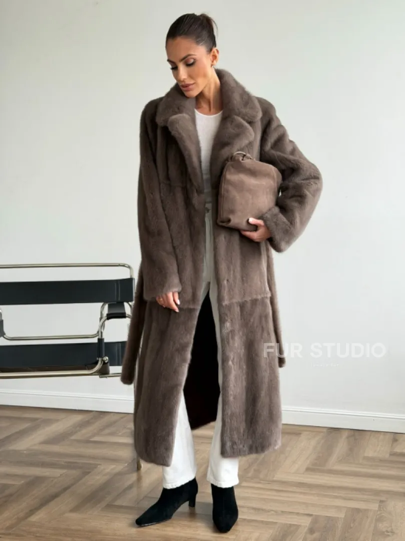 Прямая норковая шуба с поясом - фото 5