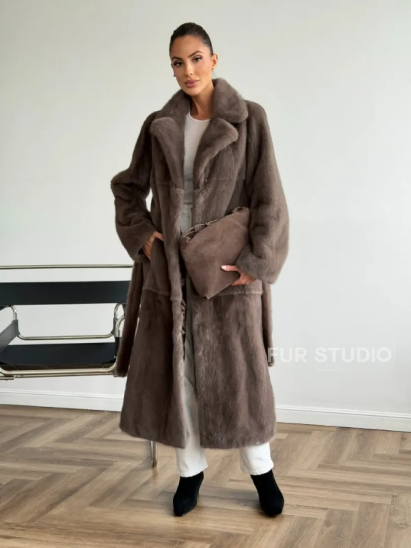 Прямая норковая шуба с поясом - фото 8