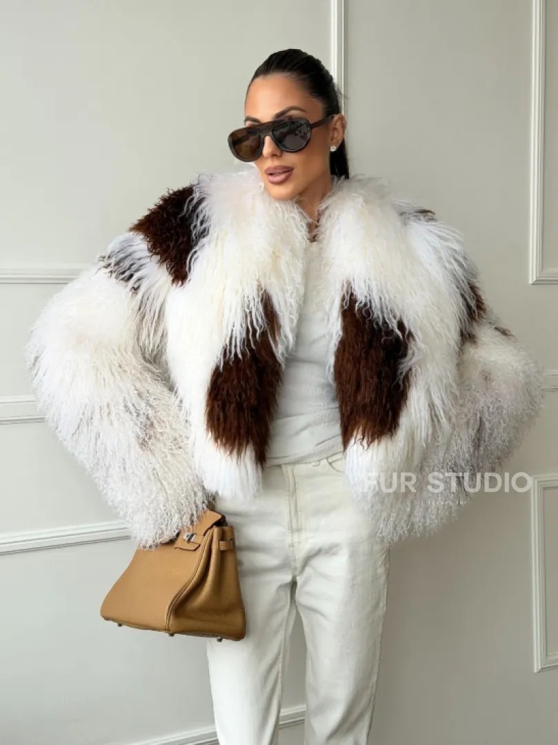 Шубка из ламы бело-коричневая - фото 9