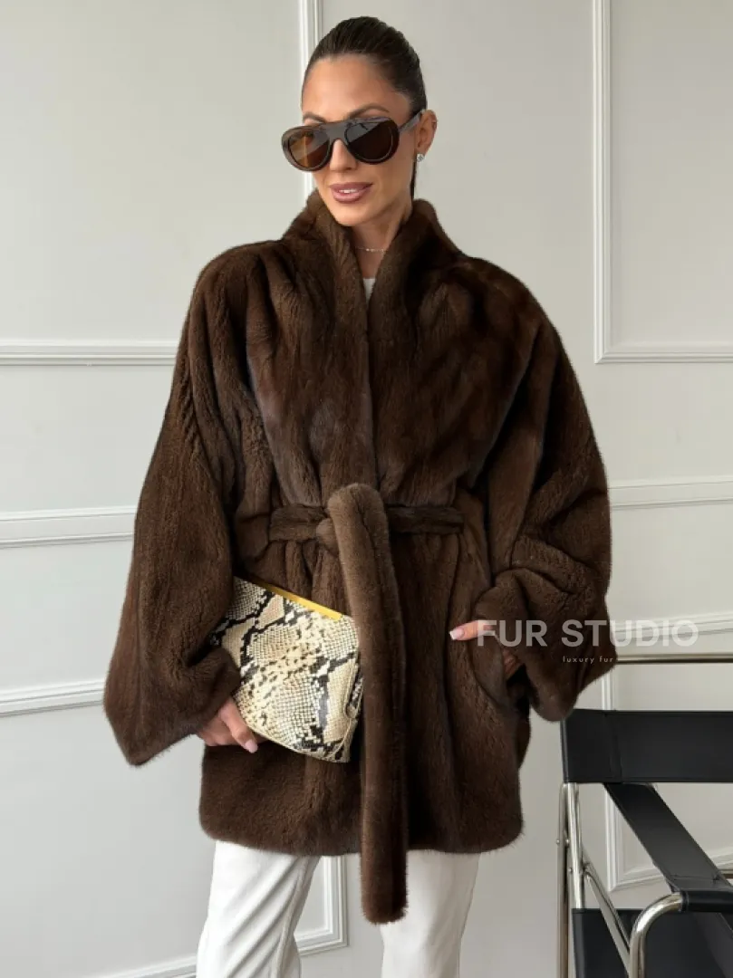 Норковый полушубок с меховым поясом - Летучая мышь - фото 0