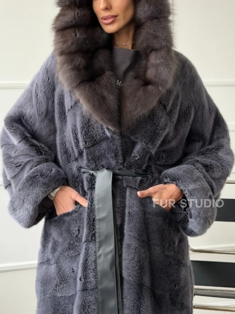 Длинная норковая шуба в пол с капюшоном куница - фото 1