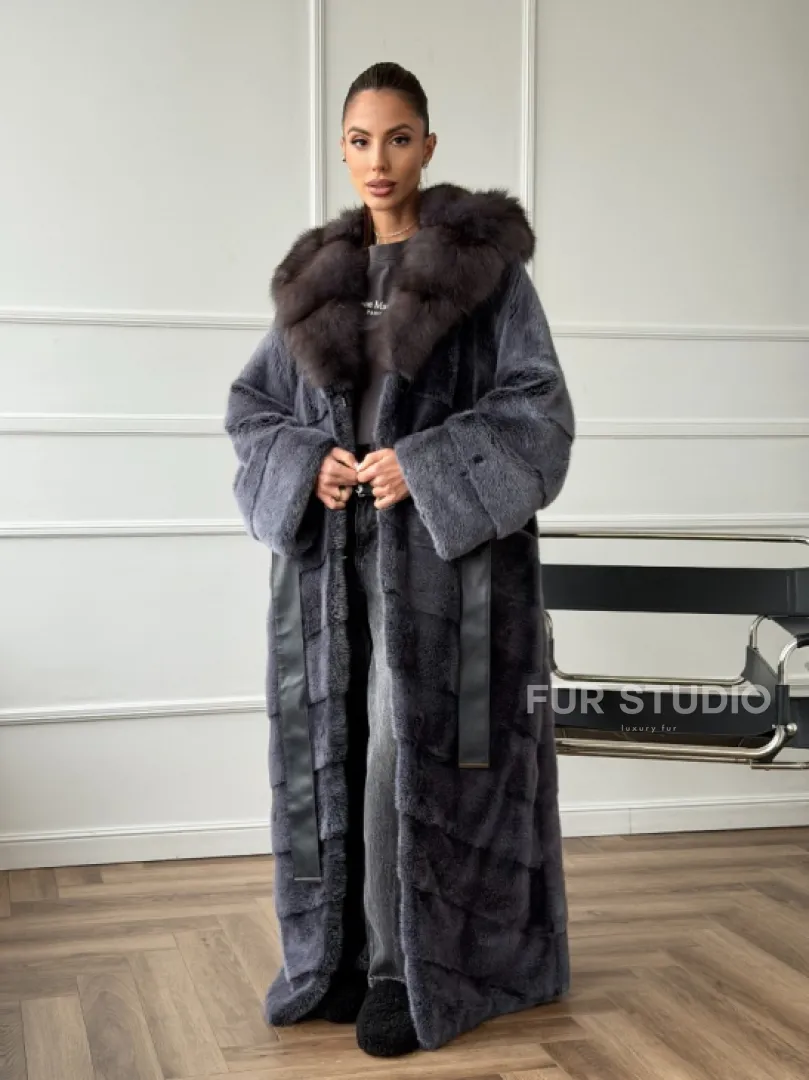 Длинная норковая шуба в пол с капюшоном куница
