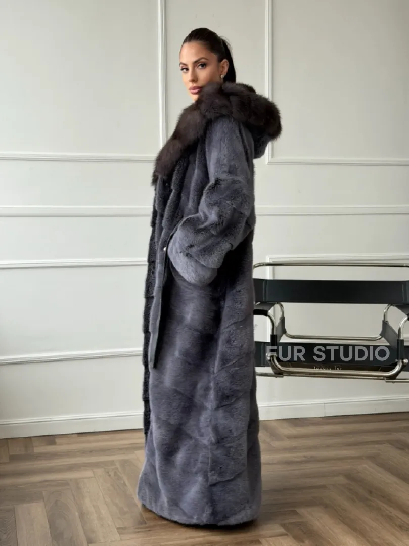 Длинная норковая шуба в пол с капюшоном куница
