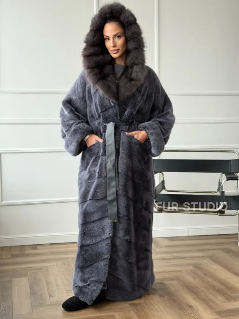 Длинная норковая шуба в пол с капюшоном куница