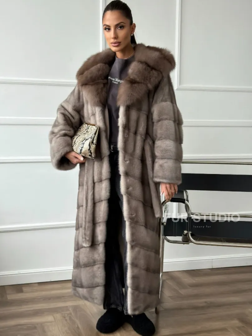 Шуба-кимоно норка в пол с капюшоном куница - фото 0