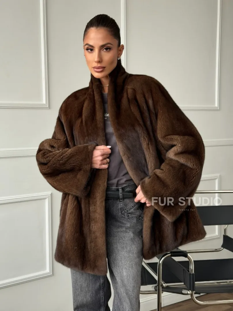 Норка жакет орех V-образный ворот - фото 0