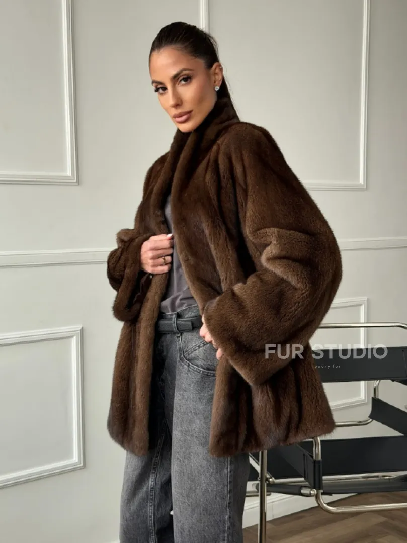 Норка жакет орех V-образный ворот - фото 7